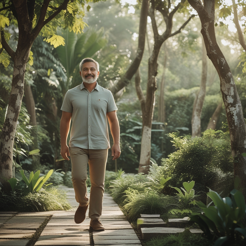 Pria paruh baya berusia sekitar 45 tahun sedang berjalan santai di taman hijau yang rindang pada pagi hari, mengenakan pakaian kasual, tampak tenang dan sehat